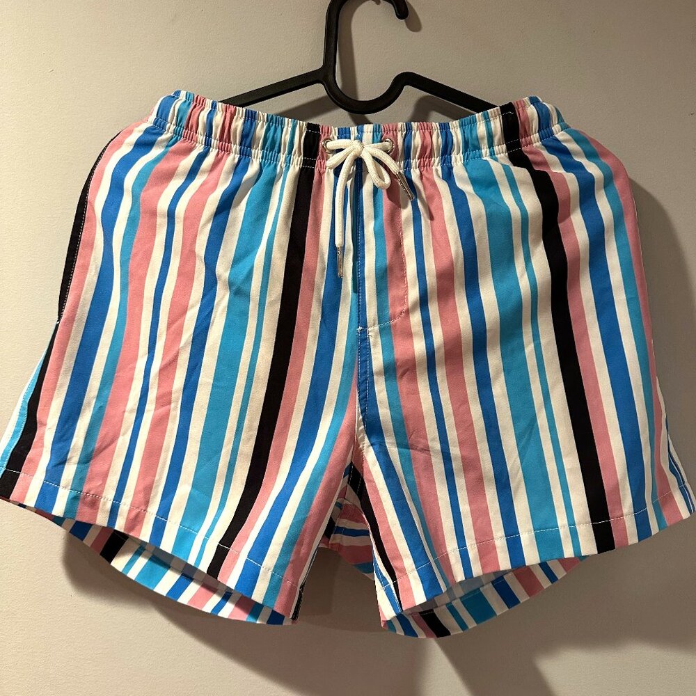 Bermies Swim Trunks - White/Pink/Blue/Black Stripes